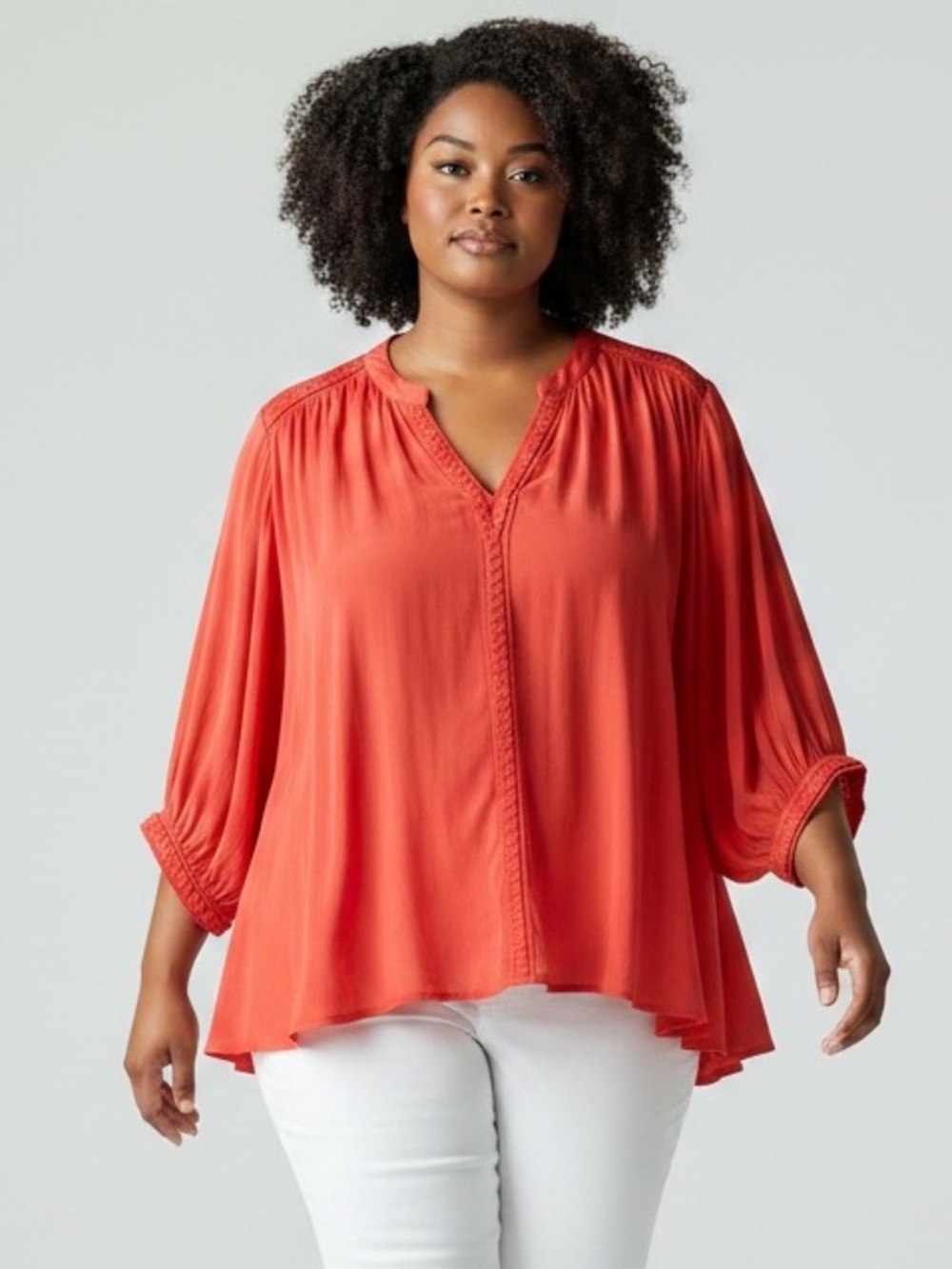 CHICO’S Coral Orange Batwing Braided Lightweight Blouse Flowy Glow Women’s Sz 12